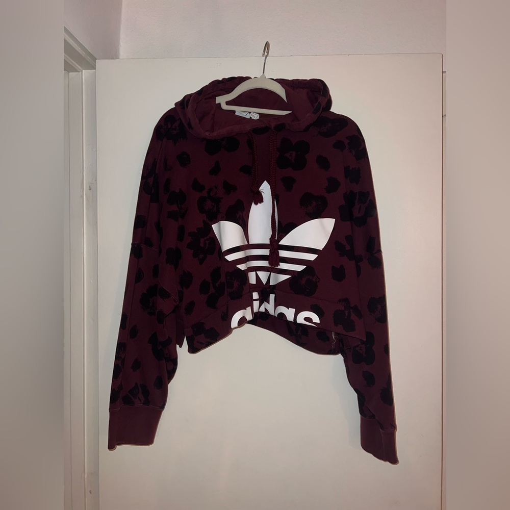 Limited Release Cropped Oversized Adidas Maroon Hoodie With Black Accents
